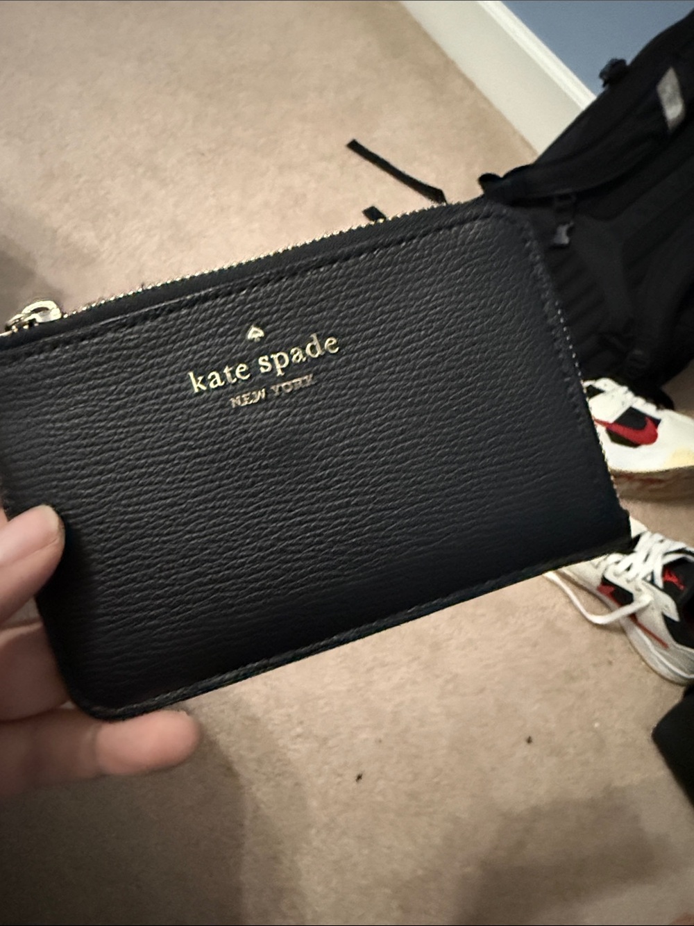 kate spade Black Pebbled Leather Zip Card Case with Gold Logo